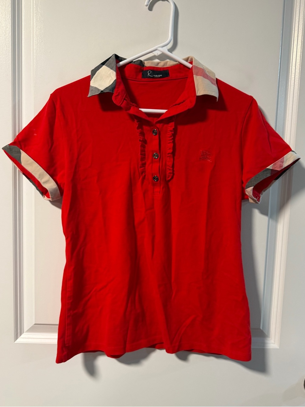 R And Co Italy Womens Red Check Collar Polo Shirt Good Condition